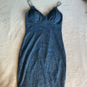 Blue lace detailed mini bodycon dress.